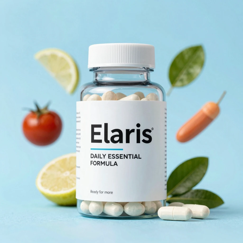 Elaris supplement bottle with coral cap and gold label accents